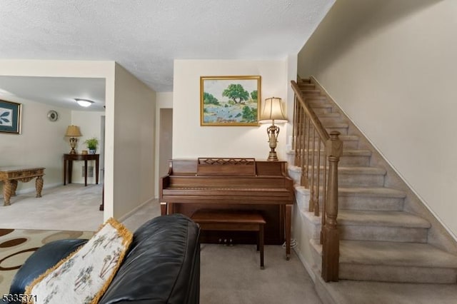 miscellaneous room with light colored carpet and a textured ceiling