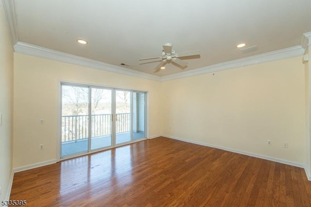 unfurnished room featuring wood-type flooring, ornamental molding, and ceiling fan