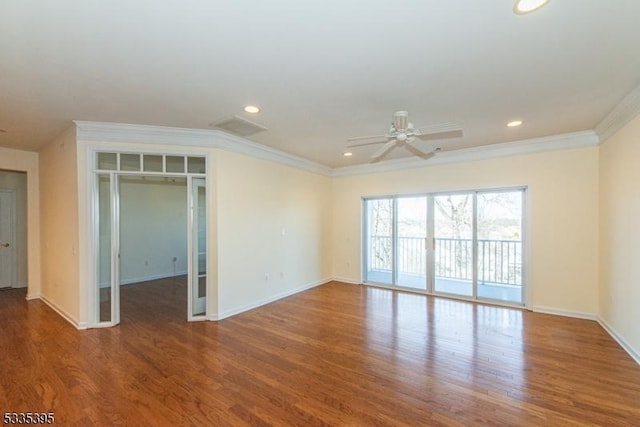 unfurnished living room featuring crown molding, ceiling fan, and wood-type flooring