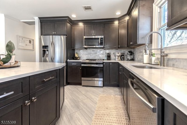 kitchen with appliances with stainless steel finishes, sink, backsplash, and dark brown cabinets