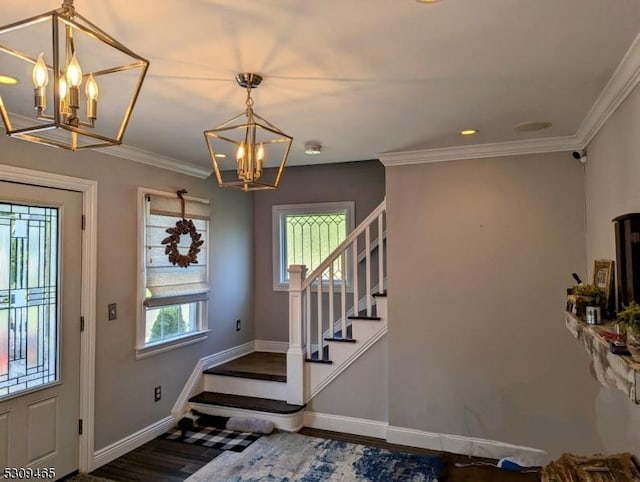 foyer featuring ornamental molding, dark hardwood / wood-style flooring, and an inviting chandelier