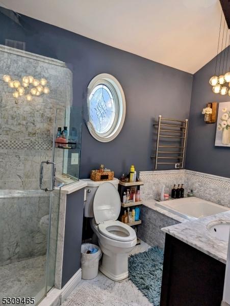 bathroom with vanity, vaulted ceiling, toilet, and walk in shower