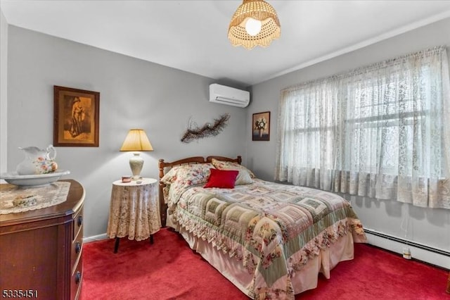 bedroom featuring carpet, a wall mounted air conditioner, and a baseboard radiator