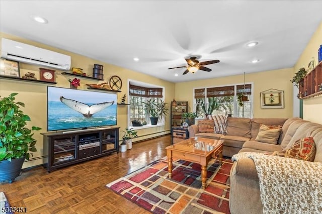 living room with recessed lighting, a baseboard radiator, and a wall mounted AC