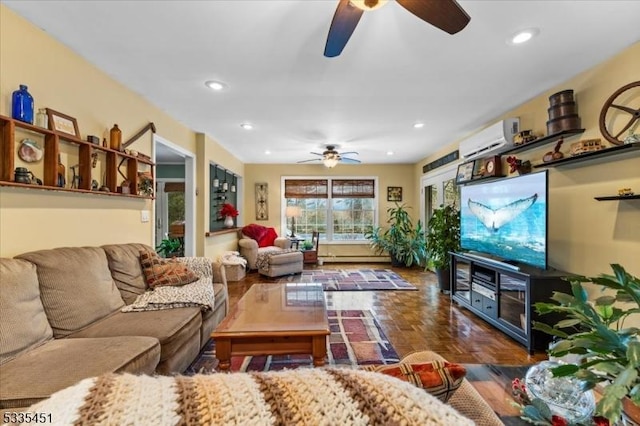 living room featuring recessed lighting, ceiling fan, and a wall mounted AC