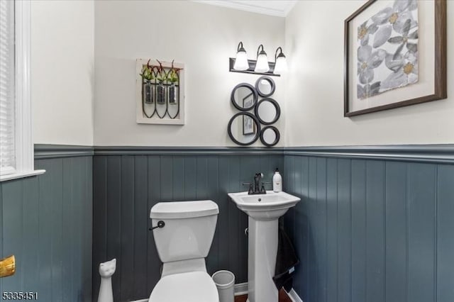 half bath featuring a wainscoted wall, a sink, toilet, and crown molding