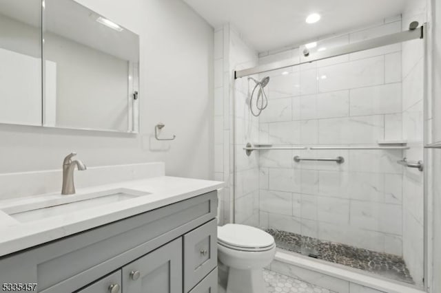 bathroom with vanity, an enclosed shower, and toilet