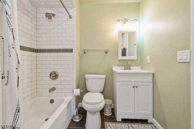 full bathroom with vanity, tile patterned flooring, shower / bath combination with curtain, and toilet