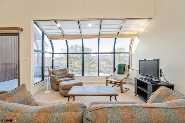 carpeted living room with track lighting