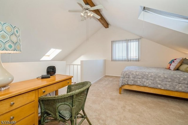 bedroom featuring lofted ceiling with beams, light colored carpet, and ceiling fan