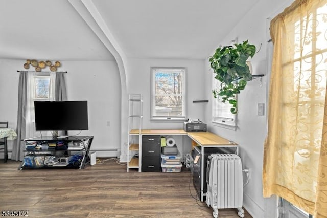 office space featuring dark wood-type flooring, radiator heating unit, and a baseboard heating unit