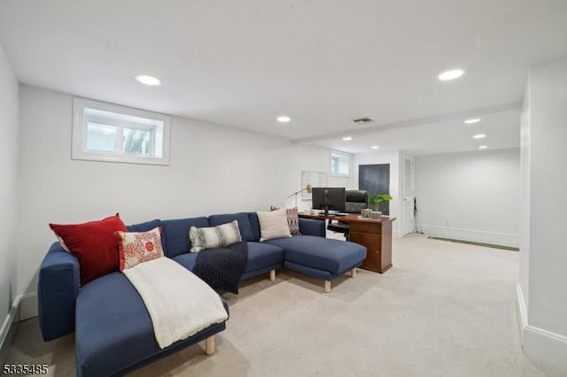 living room with light colored carpet