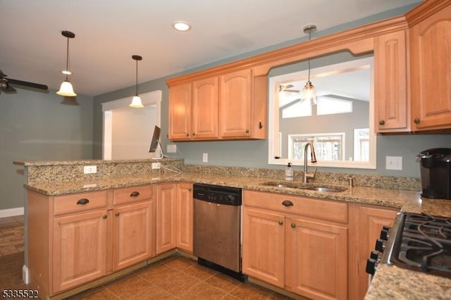 kitchen with sink, light stone counters, decorative light fixtures, kitchen peninsula, and stainless steel appliances