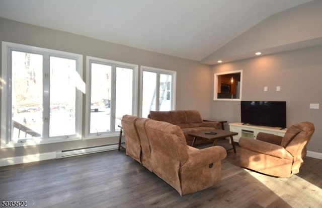 living room with a baseboard radiator, dark hardwood / wood-style floors, and vaulted ceiling