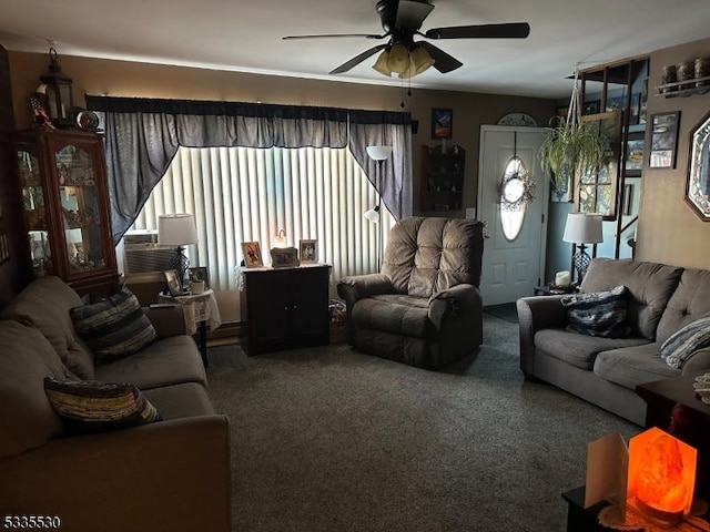 carpeted living room with ceiling fan