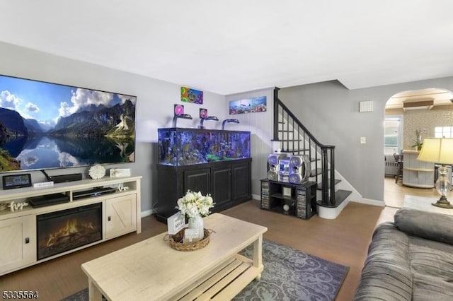 living room with dark hardwood / wood-style floors