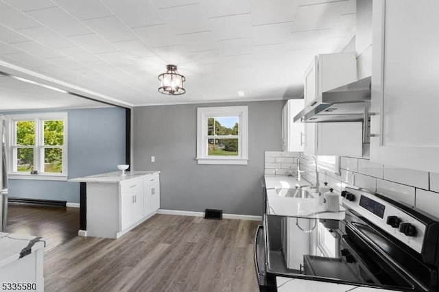 kitchen with sink, dark hardwood / wood-style floors, tasteful backsplash, white cabinets, and stainless steel range with electric cooktop