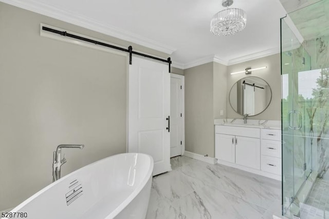 bathroom featuring vanity, ornamental molding, shower with separate bathtub, and an inviting chandelier