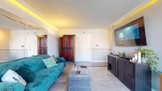 living room with ornamental molding