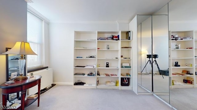 interior space with radiator heating unit, ornamental molding, and light colored carpet