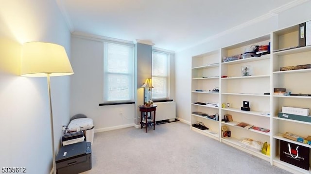 living area with ornamental molding and carpet flooring