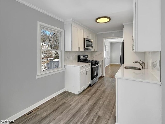 kitchen featuring sink, ornamental molding, appliances with stainless steel finishes, white cabinets, and backsplash