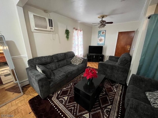 living room featuring ornamental molding, parquet flooring, a wall unit AC, and ceiling fan