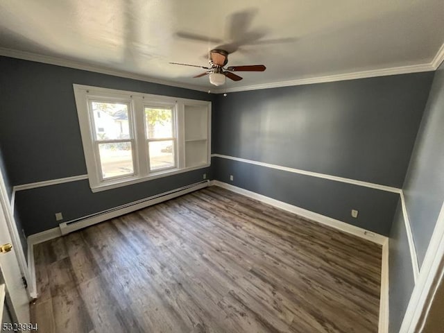 unfurnished room featuring crown molding, a baseboard heating unit, ceiling fan, and dark hardwood / wood-style flooring