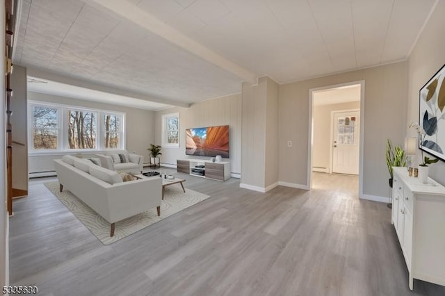 living room featuring beam ceiling, light hardwood / wood-style flooring, and baseboard heating