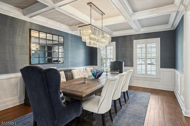 dining room with crown molding, an inviting chandelier, dark hardwood / wood-style floors, coffered ceiling, and beamed ceiling