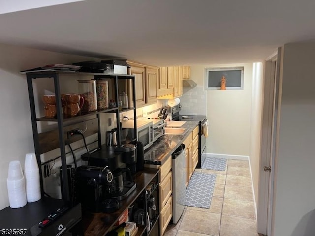 kitchen featuring light tile patterned flooring, appliances with stainless steel finishes, ventilation hood, and decorative backsplash