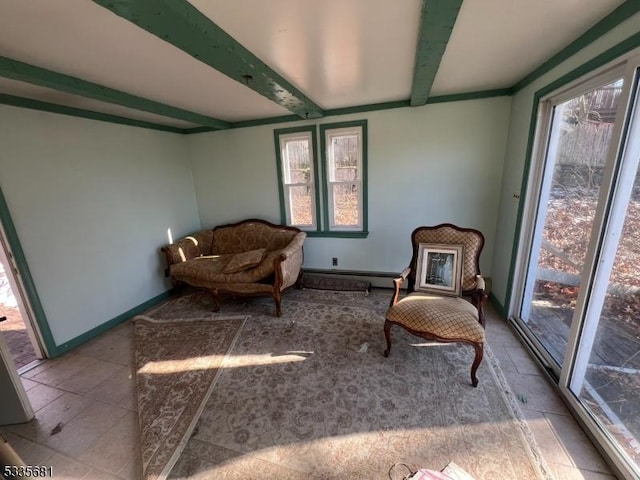 sitting room featuring beam ceiling