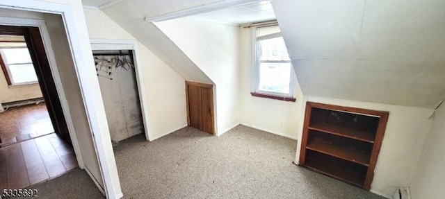 bonus room featuring a baseboard heating unit and carpet flooring