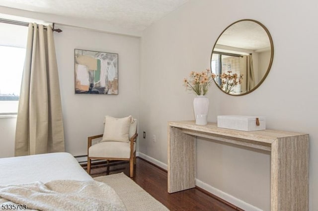 bedroom with multiple windows, dark hardwood / wood-style flooring, and baseboard heating