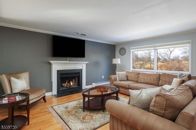 living room featuring crown molding, light wood-type flooring, and a baseboard heating unit