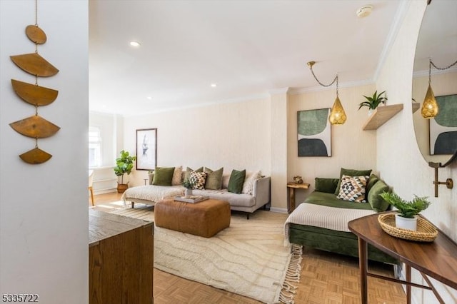 living room with crown molding and parquet flooring