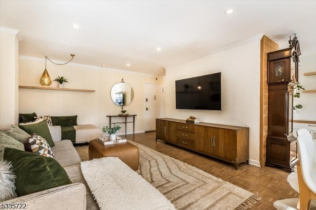 living room featuring parquet floors and ornamental molding