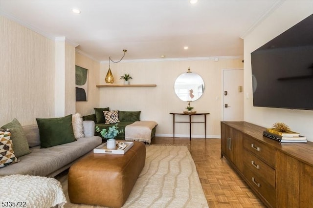 living room with light parquet flooring and ornamental molding