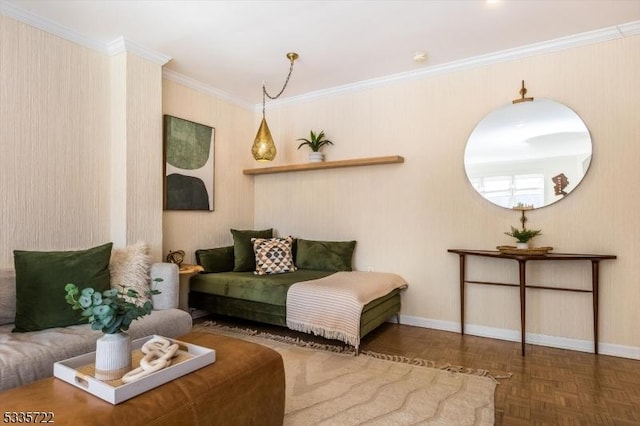 interior space with crown molding and dark parquet flooring