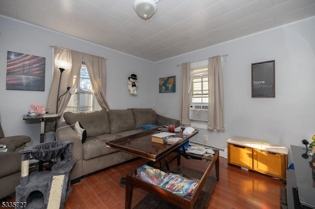 living room featuring a wealth of natural light, dark wood-type flooring, and a baseboard radiator