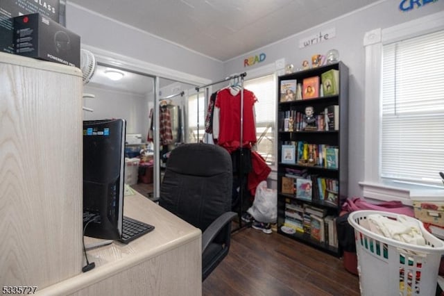 office area with dark hardwood / wood-style flooring