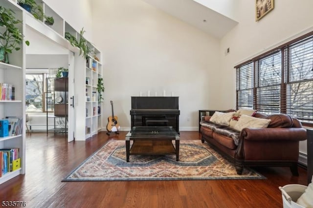 living room with a baseboard radiator, dark hardwood / wood-style floors, and high vaulted ceiling