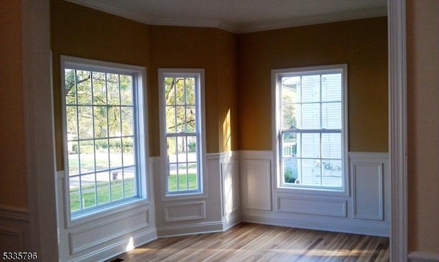 doorway featuring plenty of natural light, ornamental molding, and wood-type flooring