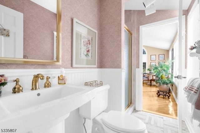 bathroom with an enclosed shower, sink, and toilet