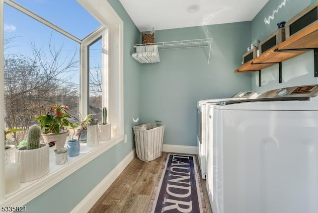 laundry room featuring hardwood / wood-style floors and independent washer and dryer