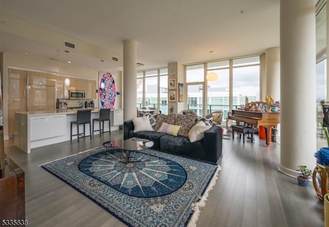 living room featuring dark hardwood / wood-style flooring and a wall of windows