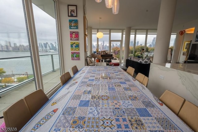 dining room with a water view