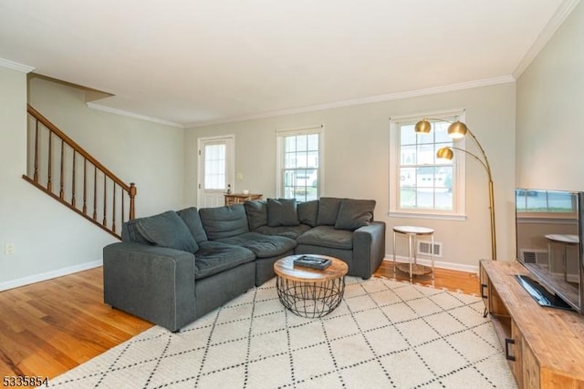 living room featuring crown molding and light hardwood / wood-style floors