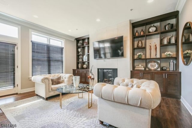 living room with crown molding, a large fireplace, built in shelves, and hardwood / wood-style floors