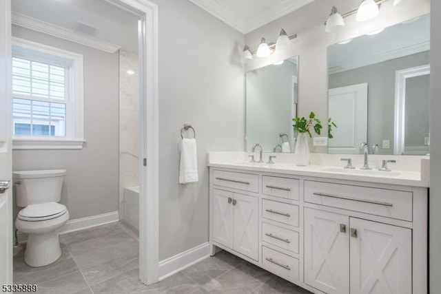 full bathroom with crown molding, shower / bathing tub combination, vanity, and toilet